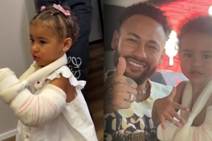 Montagem de Mavie, filha de Neymar, com o braço engessado (esquerda). Na direita, ela está no colo de Neymar, que sorri e faz "joinha".
