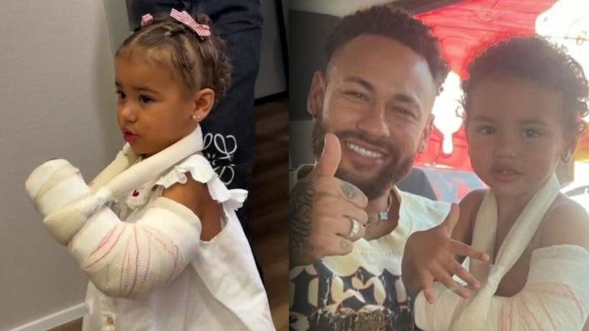 Montagem de Mavie, filha de Neymar, com o braço engessado (esquerda). Na direita, ela está no colo de Neymar, que sorri e faz "joinha".