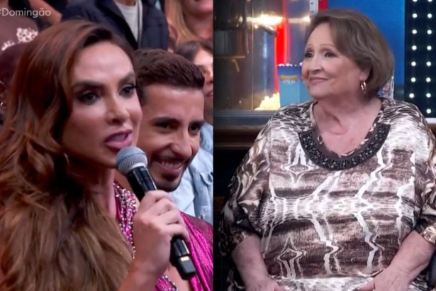 Montagem de dois momentos do Domingão. À esquerda, a influenciadora Nicole Bahls (cabelos longos e castanhos) fala em um microfone com o público e um homem sorridente ao fundo. À direita, Dona Déa sorri e está sentada, vestindo uma blusa estampada em tons de marrom e bege.