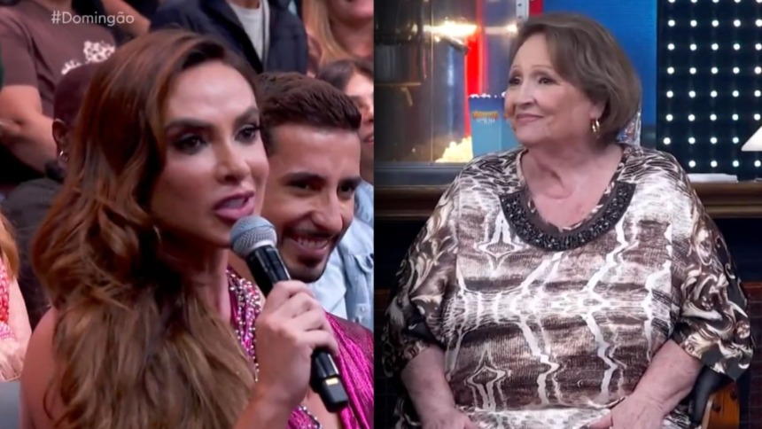 Montagem de dois momentos do Domingão. À esquerda, a influenciadora Nicole Bahls (cabelos longos e castanhos) fala em um microfone com o público e um homem sorridente ao fundo. À direita, Dona Déa sorri e está sentada, vestindo uma blusa estampada em tons de marrom e bege.