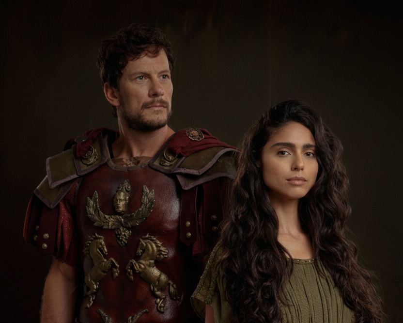 Caius (Dudu Pelizzari) e Elisa (Nathalia Florentino) lado a lado em divulgação de O Senhor e a Serva