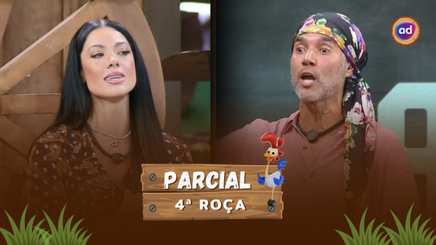 Rayane sorrindo e Fernando assustado com a boca aberta durante votação de A Fazenda 17