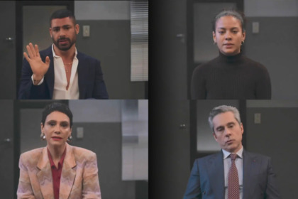 Cesar, Celina, Maria de Fátima e Marco Aurélio centados na delegacia prestando depoimento sobre a morte de Odete Roitman