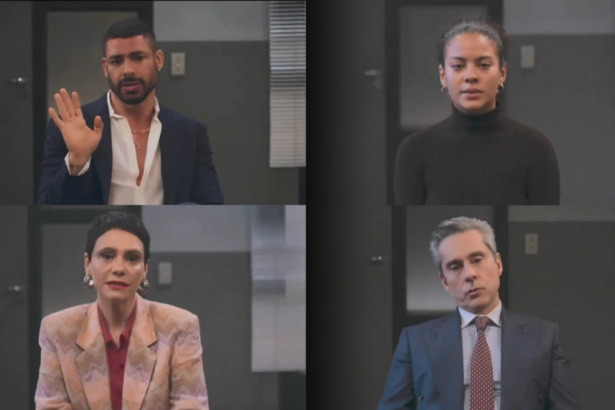 Cesar, Celina, Maria de Fátima e Marco Aurélio centados na delegacia prestando depoimento sobre a morte de Odete Roitman