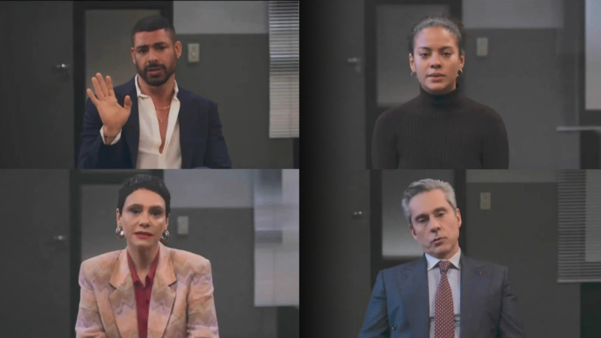 Cesar, Celina, Maria de Fátima e Marco Aurélio centados na delegacia prestando depoimento sobre a morte de Odete Roitman