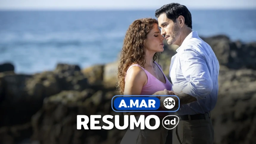 Protagonistas se olham em frente a uma praia na arte do Resumo de A.Mar novela mexicana do SBT