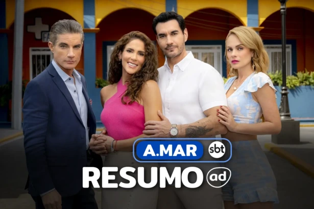 Protagonistas e vilões lado a lado em frente a uma mansão na arte do Resumo de A.Mar novela mexicana do SBT