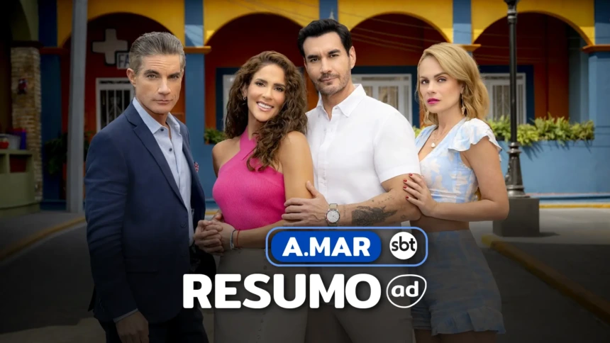 Protagonistas e vilões lado a lado em frente a uma mansão na arte do Resumo de A.Mar novela mexicana do SBT