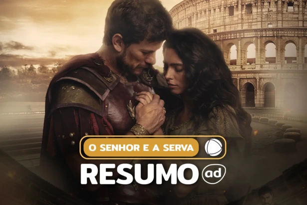 Caius (Dudu Pelizzari) e Elisa (Nathalia Florentino) lado a lado na arte do resumo de O Senhor e a Serva