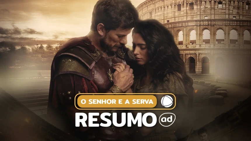 Caius (Dudu Pelizzari) e Elisa (Nathalia Florentino) lado a lado na arte do resumo de O Senhor e a Serva