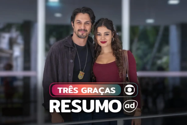 O casal de protagonistas Paulinho Reitz (Romulo Estrela) e Gerluce (Sophie Charlotte) na arte do resumo de Três Graças