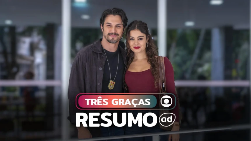 O casal de protagonistas Paulinho Reitz (Romulo Estrela) e Gerluce (Sophie Charlotte) na arte do resumo de Três Graças