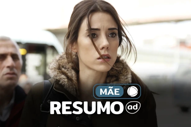 Atriz Cansu Dere, como Zeynep Gunes, na arte do resumo semanal da novela turca Mãe na RECORD