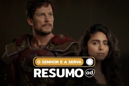 Caius (Dudu Pelizzari) e Elisa (Nathalia Florentino) lado a lado na arte do resumo de O Senhor e a Serva