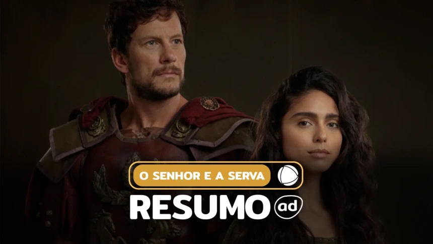 Caius (Dudu Pelizzari) e Elisa (Nathalia Florentino) lado a lado na arte do resumo de O Senhor e a Serva