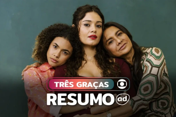 As três protagonistas da novela Lígia, Gerluce e Joélly na arte do resumo de Três Graças