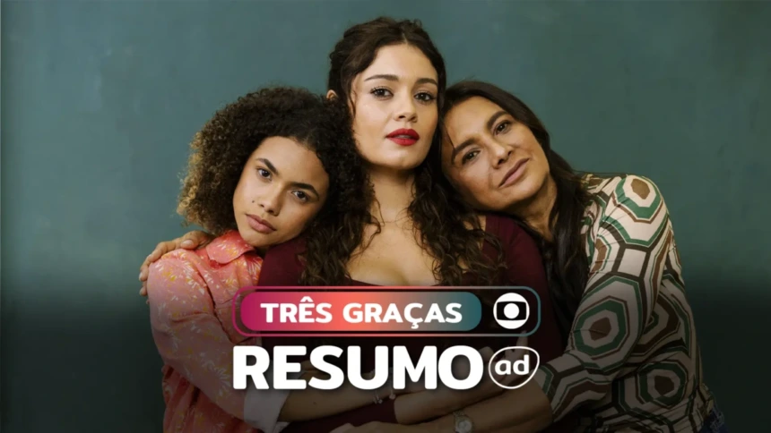 As três protagonistas da novela Lígia, Gerluce e Joélly na arte do resumo de Três Graças