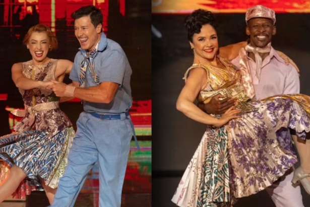 Montagem de dois pares de dançarinos no palco do Dança dos Famosos. À esquerda, Rodrigo Faro e Larissa Parison sorriem, vestidos com figurino em tons de azul e dourado. À direita, Tereza Seiblitz é erguida por Jefferson Bilisco, ambos sorrindo, com figurino em tons de rosa e dourado.