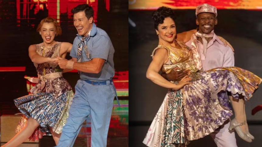 Montagem de dois pares de dançarinos no palco do Dança dos Famosos. À esquerda, Rodrigo Faro e Larissa Parison sorriem, vestidos com figurino em tons de azul e dourado. À direita, Tereza Seiblitz é erguida por Jefferson Bilisco, ambos sorrindo, com figurino em tons de rosa e dourado.
