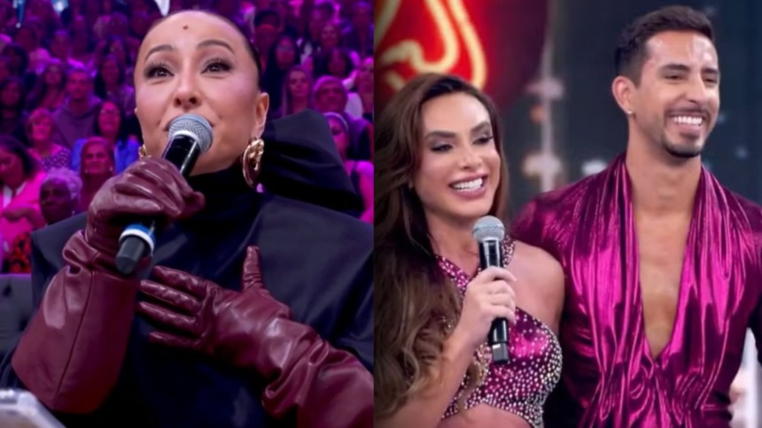 Montagem de dois momentos do Dança dos Famosos. À esquerda, a apresentadora Sabrina Sato usa um look preto com luvas de couro vinho e fala ao microfone. À direita, a influenciadora Nicole Bahls (vestido brilhante roxo) sorri enquanto seu coreógrafo (terno rosa choque) também sorri ao fundo.