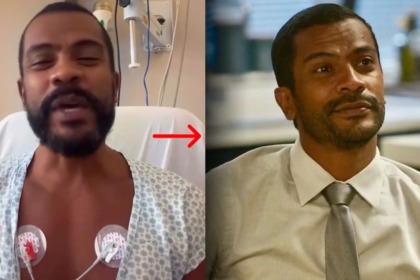 Montagem do ator Samuel de Assis. À esquerda, ele sorri em um hospital, com eletrodos no peito. À direita, ele está sério em cena de Vai na Fé.