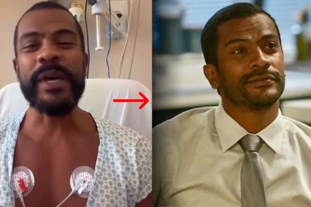 Montagem do ator Samuel de Assis. À esquerda, ele sorri em um hospital, com eletrodos no peito. À direita, ele está sério em cena de Vai na Fé.