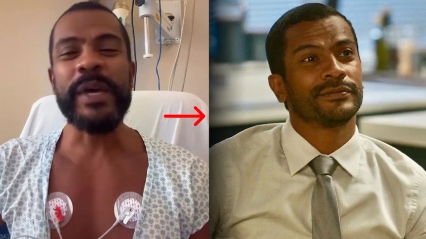 Montagem do ator Samuel de Assis. À esquerda, ele sorri em um hospital, com eletrodos no peito. À direita, ele está sério em cena de Vai na Fé.