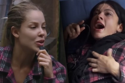 Saory e Rayane em trechos de discussão na baia de A Fazenda