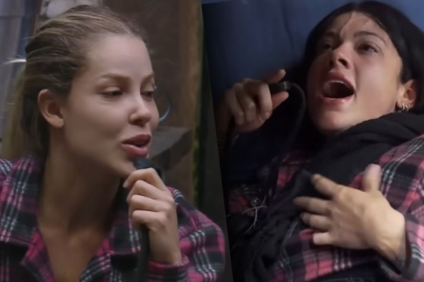 Saory e Rayane em trechos de discussão na baia de A Fazenda