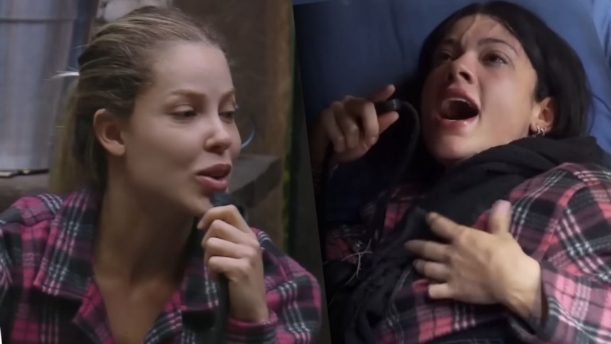 Saory e Rayane em trechos de discussão na baia de A Fazenda