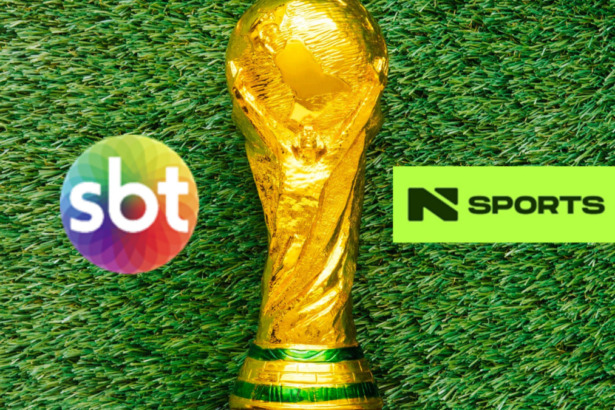 Logo do SBT e do N Sports ao lado da taça da copa do mundo