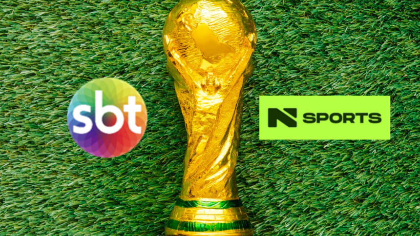 Logo do SBT e do N Sports ao lado da taça da copa do mundo