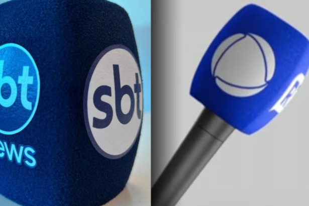Nova canopla do microfone do SBT em azul com o logo do SBT News dividindo tela com a canopla no mesmo modelo da RECORD