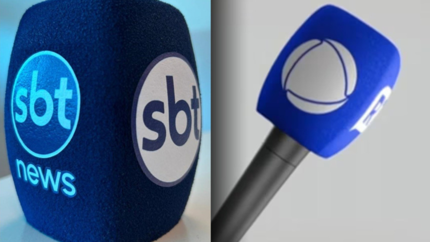 Nova canopla do microfone do SBT em azul com o logo do SBT News dividindo tela com a canopla no mesmo modelo da RECORD