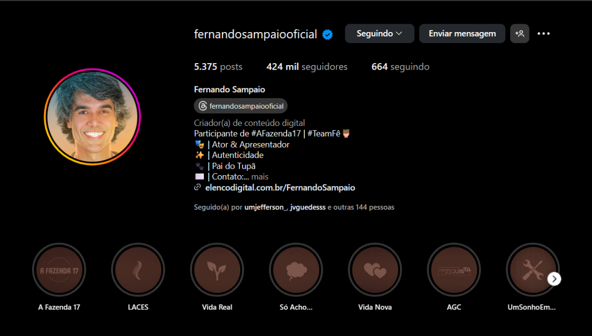 Perfil de Fernando Sampaio com 424 mil seguidores