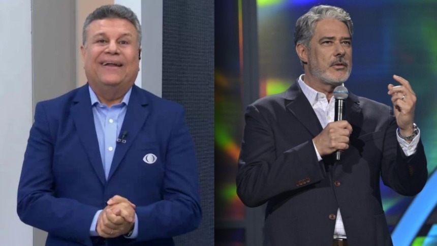 Montagem dos jornalistas Téo José (esquerda), sorrindo e usando um blazer azul, e William Bonner (direita), sério e de terno azul-marinho, segurando um microfone.