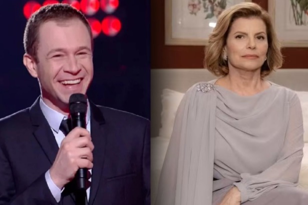 Tiago Leifert, no The Voice, e Odete Roitman, da atriz Debora Bloch, em Vale Tudo, em uma montagem