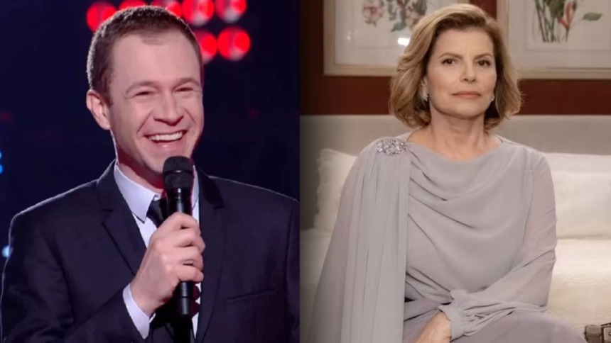 Tiago Leifert, no The Voice, e Odete Roitman, da atriz Debora Bloch, em Vale Tudo, em uma montagem