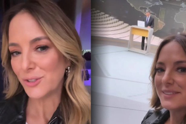 Ticiane Pinheiro nos bastidores do Jornal Hoje mostrando Cesar Tralli no cenário
