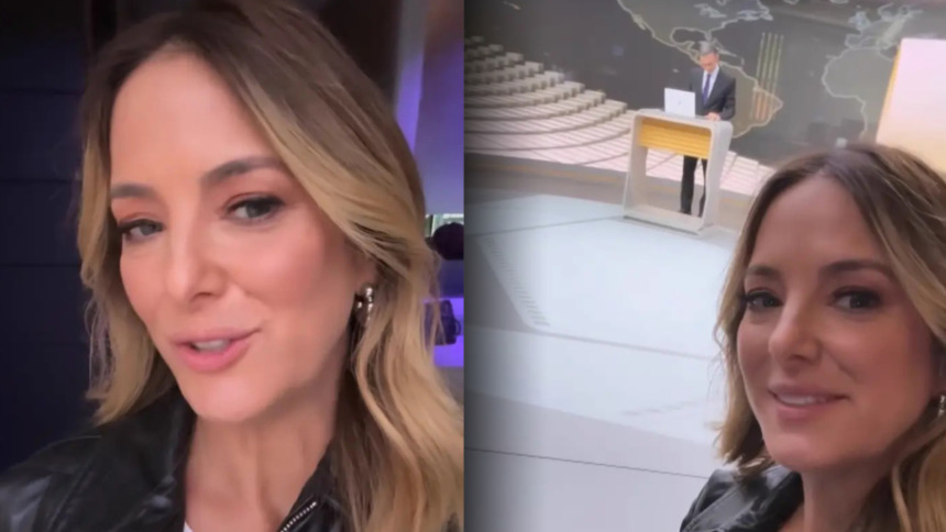 Ticiane Pinheiro nos bastidores do Jornal Hoje mostrando Cesar Tralli no cenário