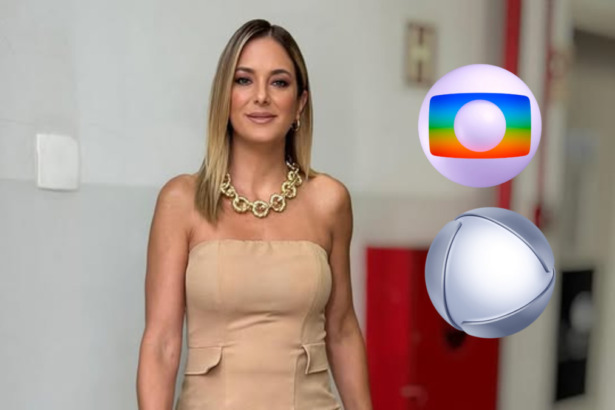 Ticiane Pinheiro ao lado do logo da TV Globo e RECORD