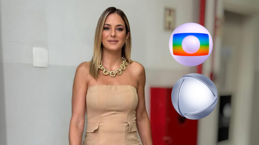 Ticiane Pinheiro ao lado do logo da TV Globo e RECORD