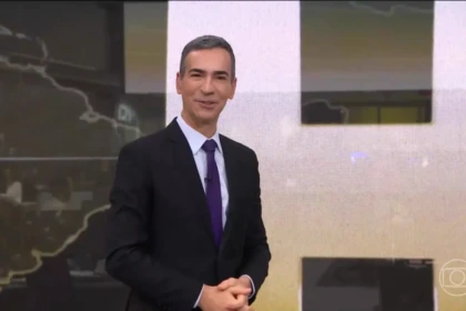 Cesar Tralli sorrindo em frente ao telão do Jornal Hoje no último dia de apresentação