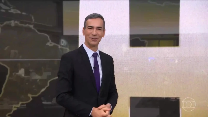 Cesar Tralli sorrindo em frente ao telão do Jornal Hoje no último dia de apresentação