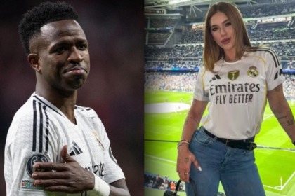 Vini Jr e Virginia Fonseca em uma montagem. Ambos vestem a camisa do Real Madrid.
