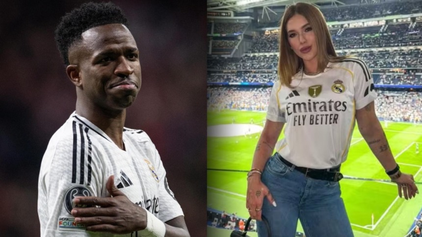 Vini Jr e Virginia Fonseca em uma montagem. Ambos vestem a camisa do Real Madrid.