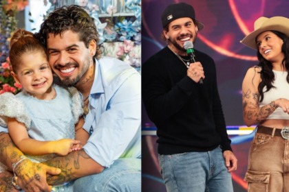 Montagem de dois momentos do cantor Zé Felipe. À esquerda, ele sorri e abraça sua filha, Maria Flor, que usa um vestido azul-claro com brilhos. À direita, ele está no palco, sorrindo e segurando um microfone, ao lado da cantora Ana Castela, que usa um chapéu cowboy e calça de cintura alta.