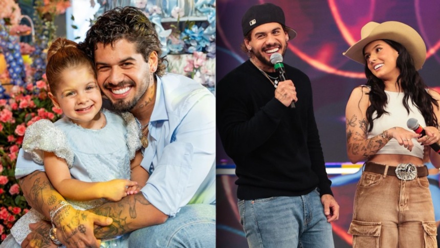 Montagem de dois momentos do cantor Zé Felipe. À esquerda, ele sorri e abraça sua filha, Maria Flor, que usa um vestido azul-claro com brilhos. À direita, ele está no palco, sorrindo e segurando um microfone, ao lado da cantora Ana Castela, que usa um chapéu cowboy e calça de cintura alta.
