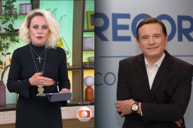 Ana Maria Braga de vestido preto segurando um tablete no Mais Você e Roberto Cabrini nos bastidores da RECORD