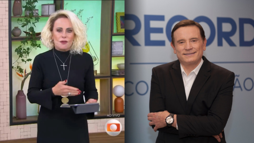 Ana Maria Braga de vestido preto segurando um tablete no Mais Você e Roberto Cabrini nos bastidores da RECORD